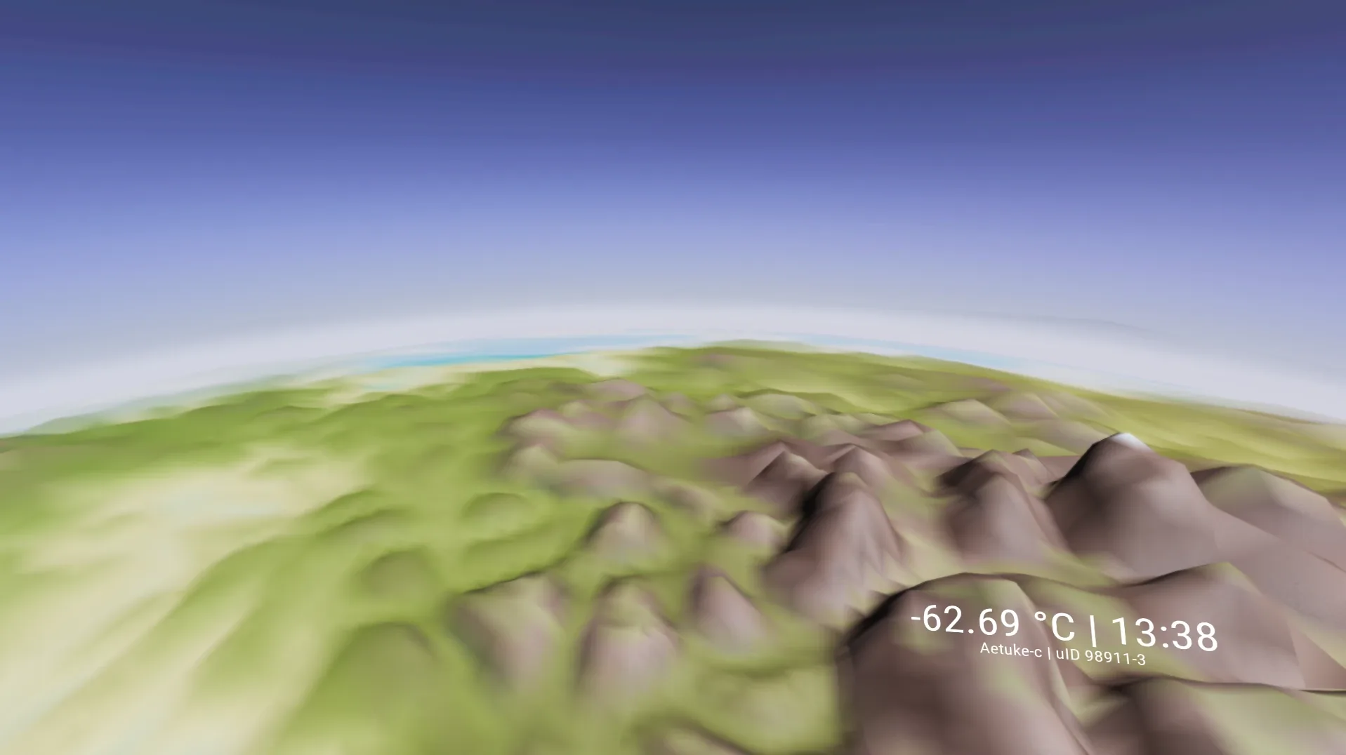 High above the mountains of Aetuke-c, the horizon curves away under a thin blue atmosphere. The suit readout shows -62.69 °C at 13:38.
