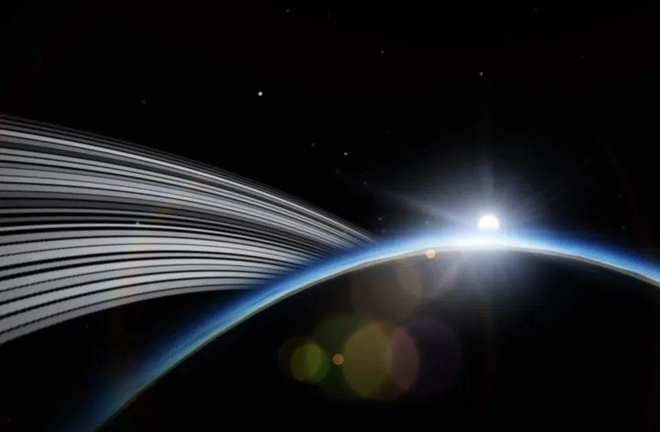 Sunrise breaking over the curve of a ringed planet, its rings sweeping across the frame