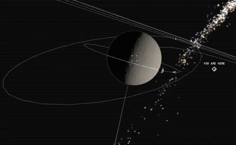 Local map of a moon with orbits and a 'You are here' marker