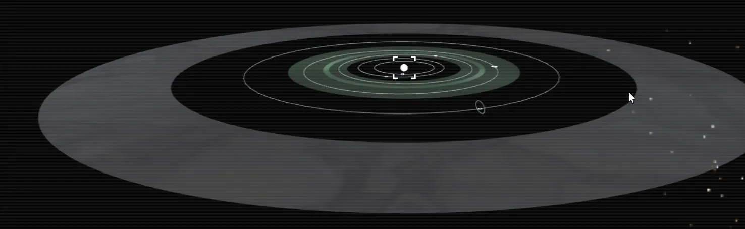 In-game system map showing a central star surrounded by orbital paths and a wide outer belt