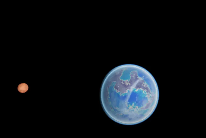 The blue world Alce-d seen from orbit with a small red moon nearby