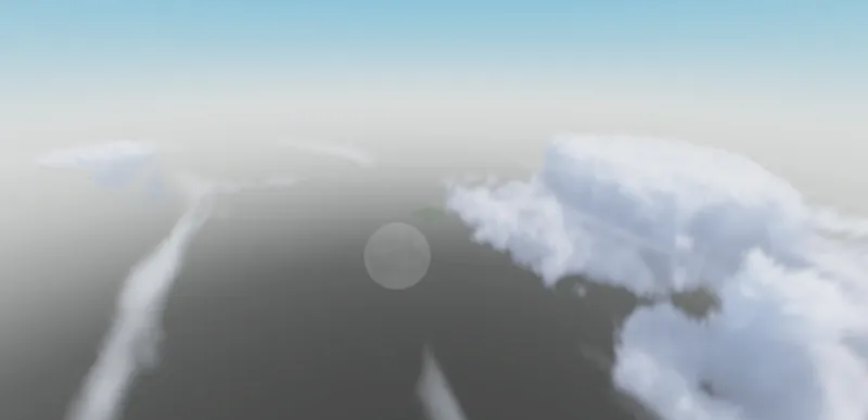 Prototype volumetric clouds seen from above, casting shadows on the ground far below