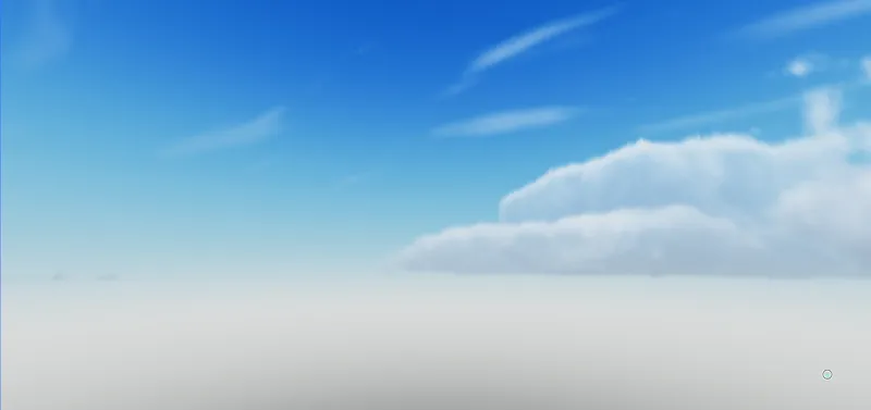 Prototype volumetric clouds drifting over a hazy horizon