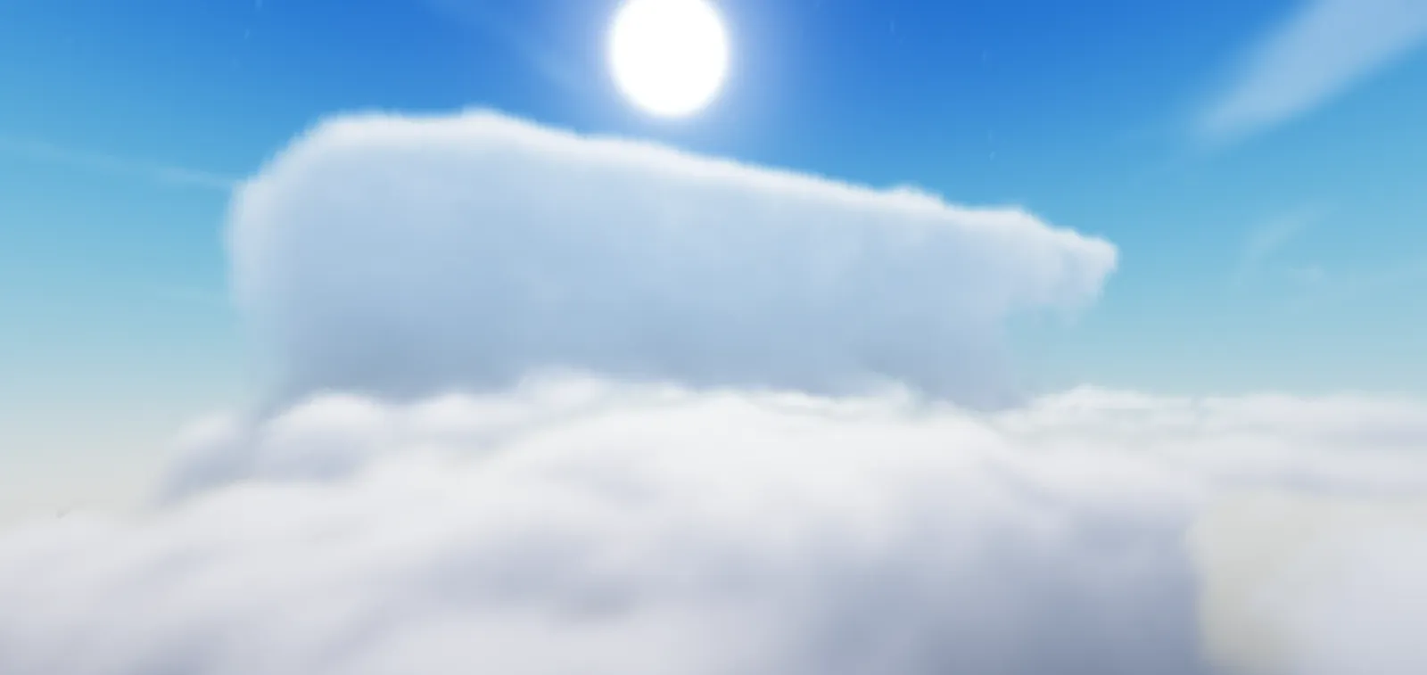 Prototype volumetric clouds: a towering cloud bank beneath a bright sun in a deep blue sky