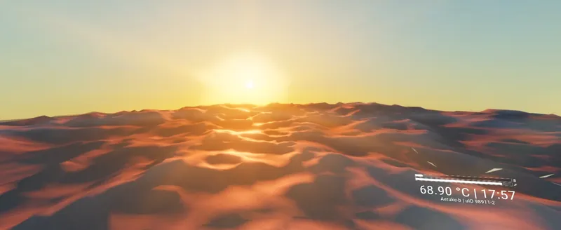 Rolling dunes on Aetuke-b glowing orange under a low sun