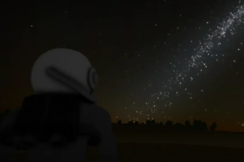 An astronaut on Aetuke-c looks up at the galactic band over a line of trees
