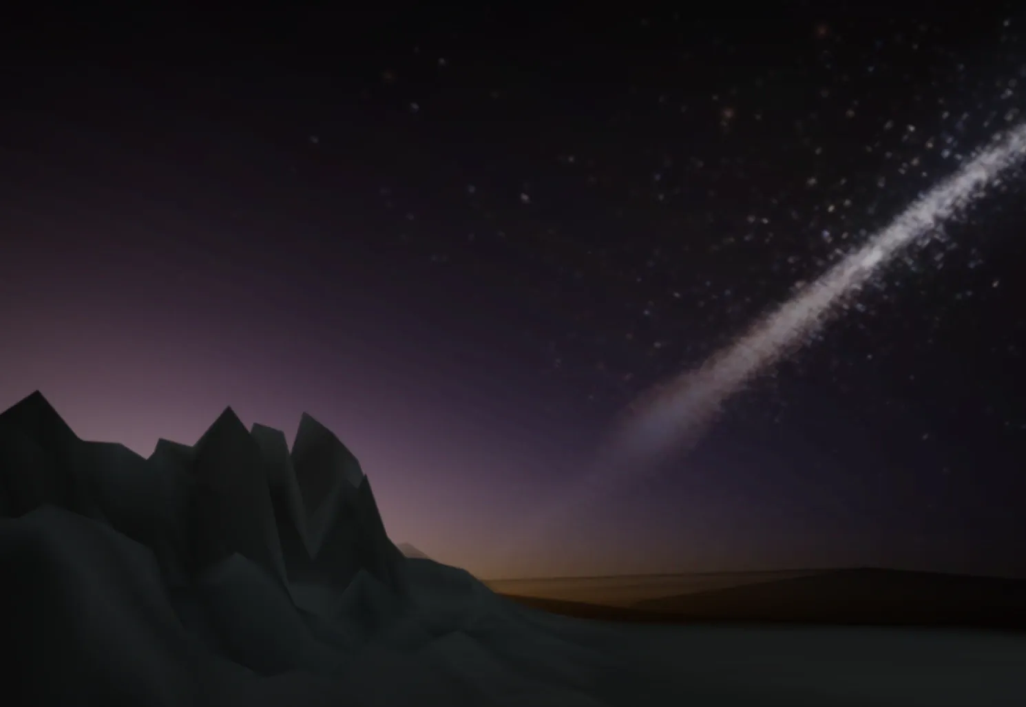 Night on the frozen world Aetuke-d: jagged dark mountains under a purple dusk and a bright band of stars